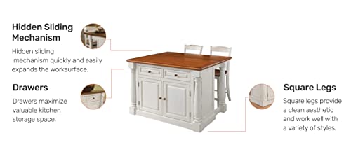 Monarch Kitchen Island Set with 2 Stools, Off-White