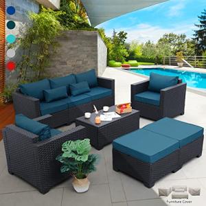 6-Piece Rattan Patio Furniture Set with Peacock Blue