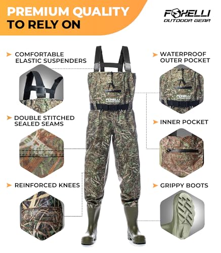 Foxelli Camo Chest Waders with Waterproof Bootfoot Boots