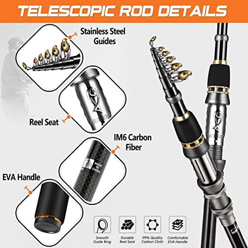 PLUSINNO Telescopic Fishing Kit: Carbon Pole, Stainless Reel