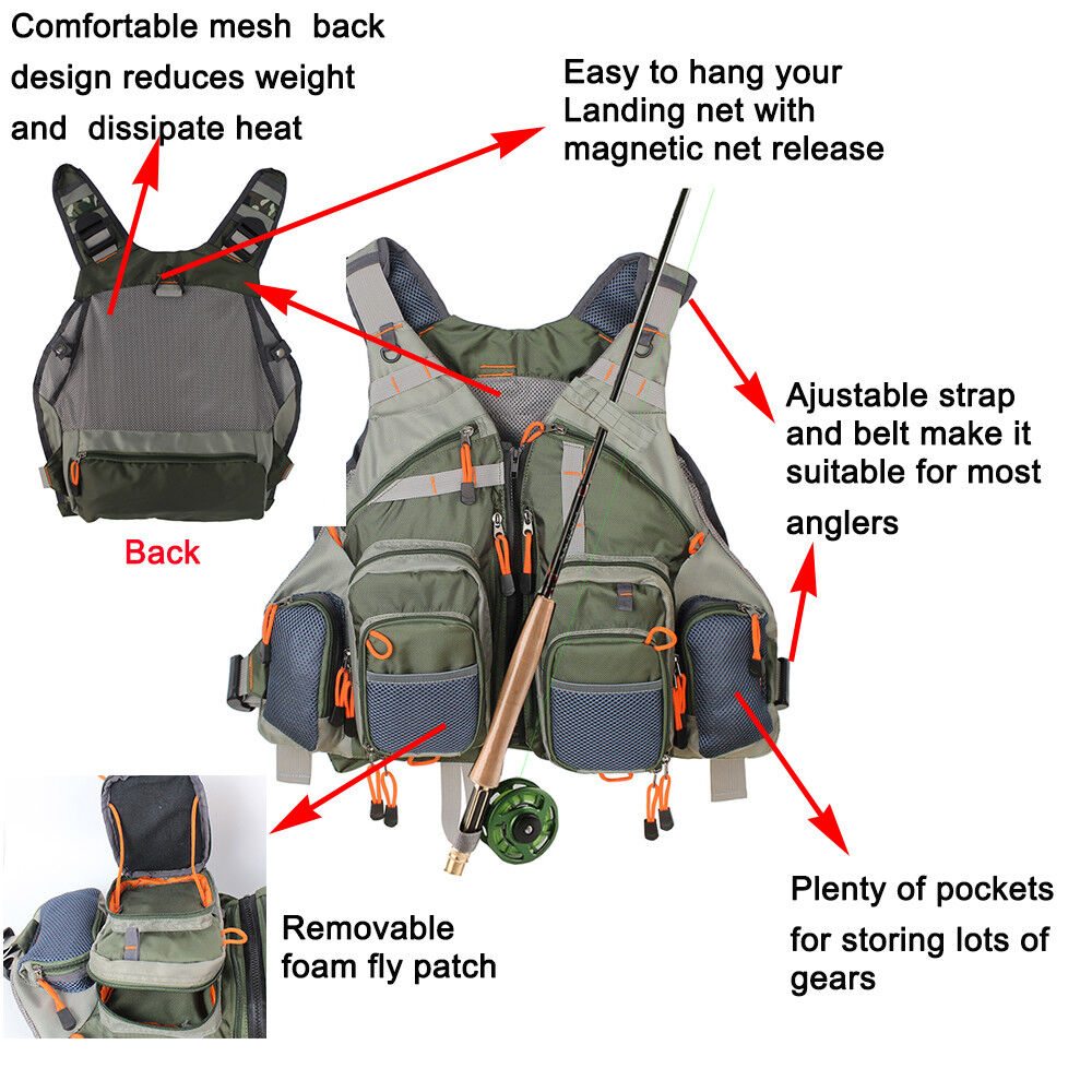 Men's Adjustable Size Fly Fishing Vest Pack, Breathable