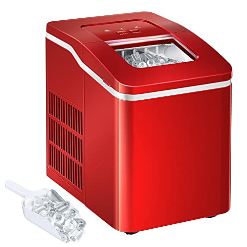 GYMAX Countertop Ice Maker, Portable Ice Cube Maker with Self-Cleaning Function, Scoop and Removable Basket, 12kg/h Counter Top Ice Machine for Home, Party, Office and Bar (Red)