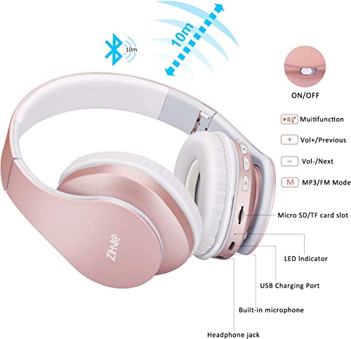 ZIHNIC Foldable Bluetooth Over-Ear Headphones - Rose