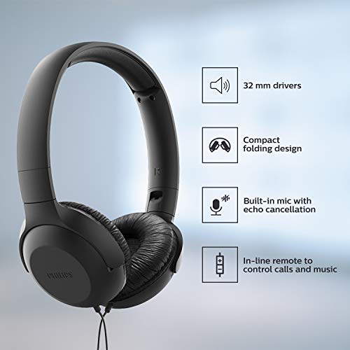 Philips UH201BK On-Ear Foldable Headphones with Mic
