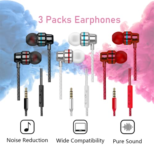 3-Pack Wired Earbuds with Mic & Deep Bass