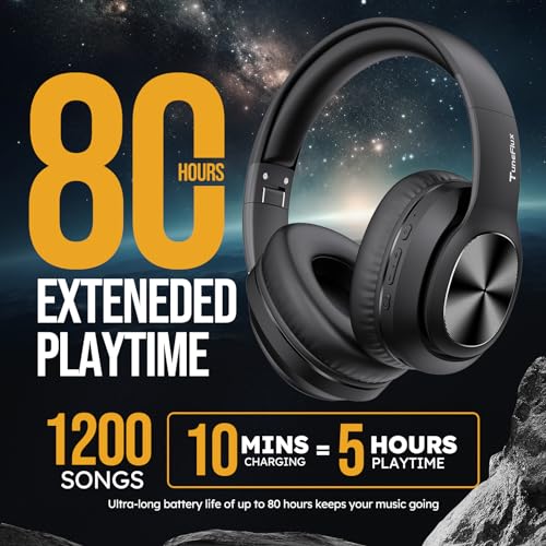 TuneFlux Wireless Bluetooth Over-Ear Headphones, 80H Playtime