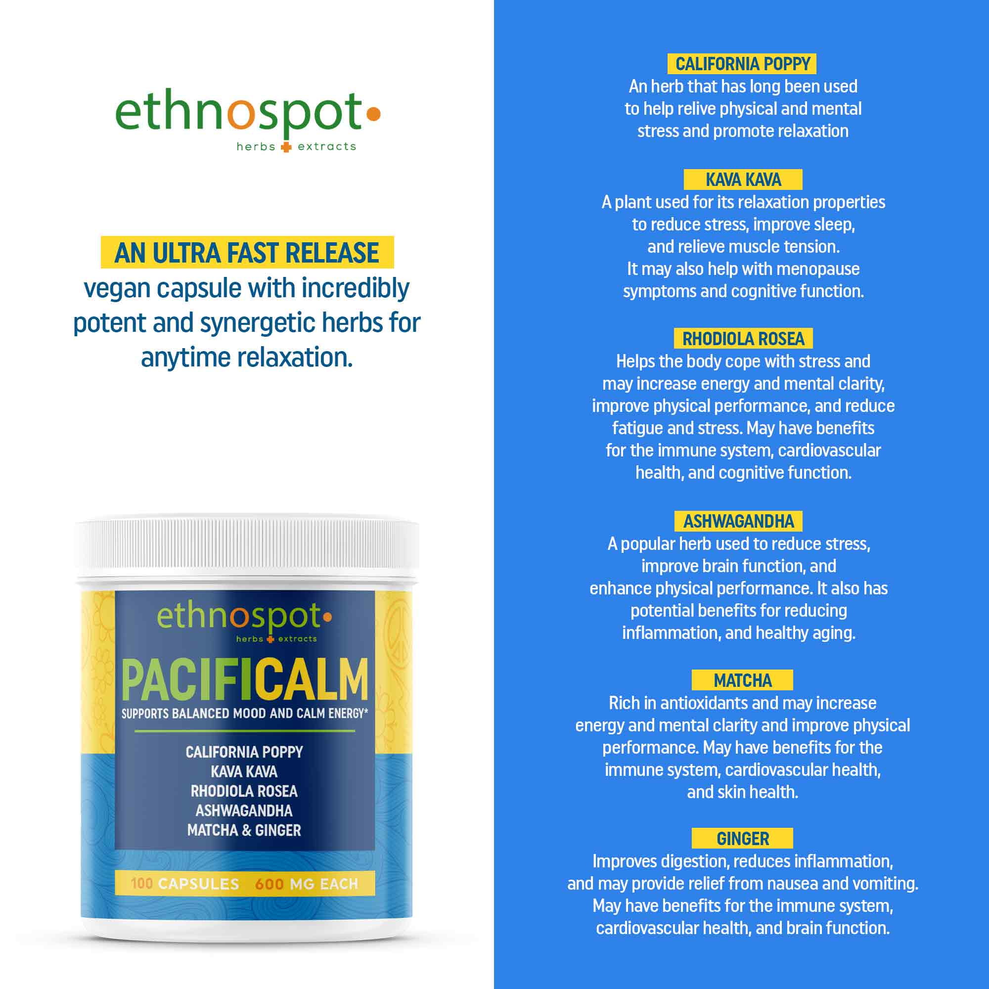 PacifiCalm Herbal Daytime Relaxation Capsules for Balanced Mood