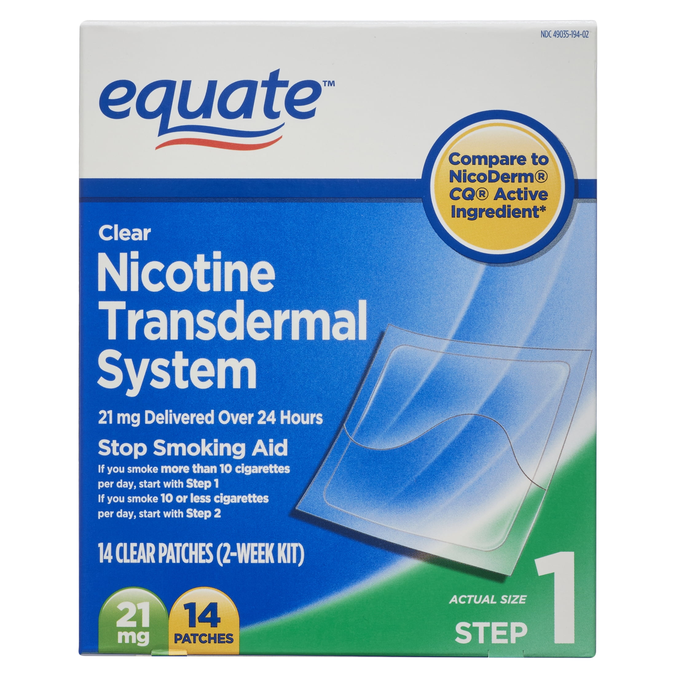 Equate Step 1 Nicotine Patch, 21mg, 14 Count