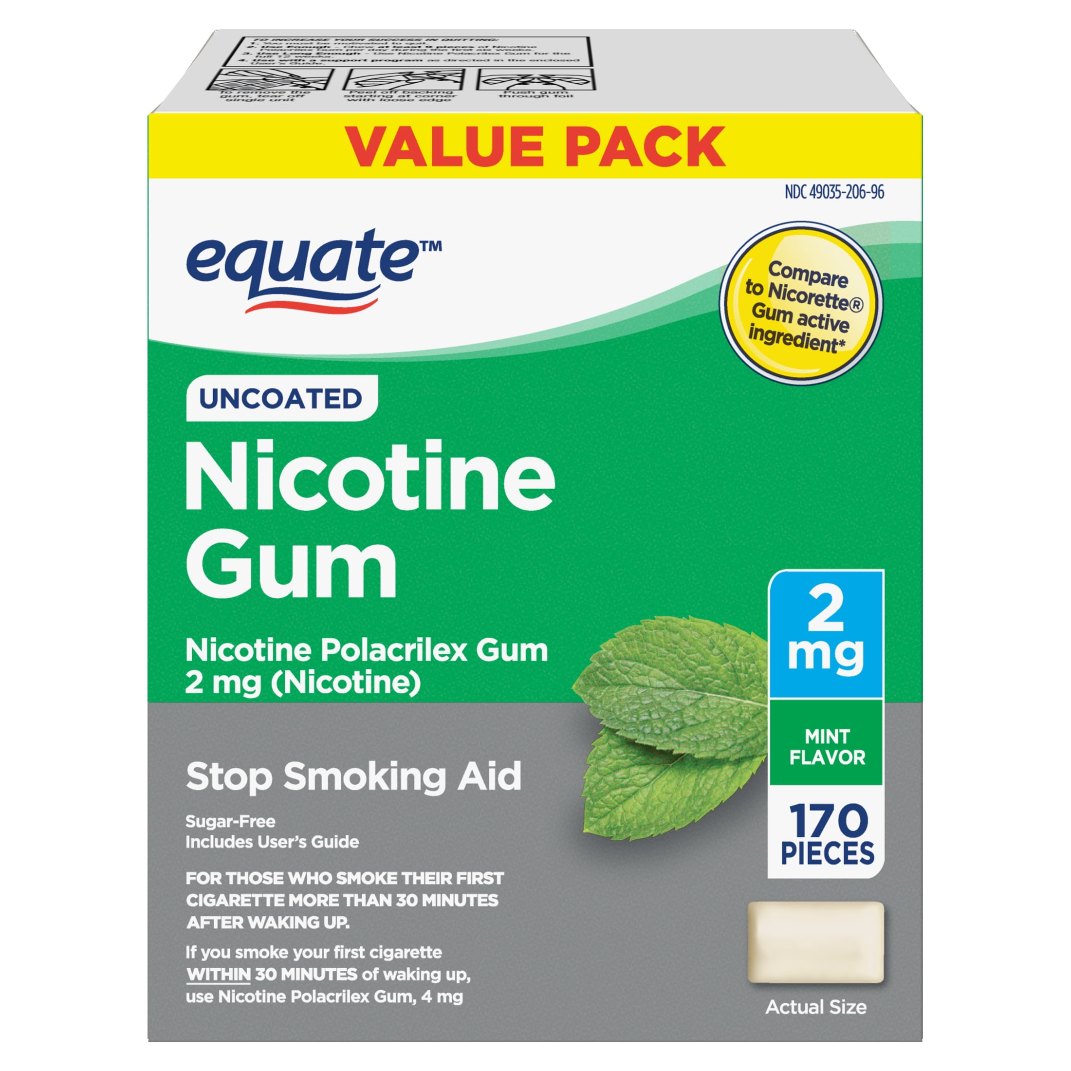Equate Nicotine Gum 2 mg, Mint Flavor, 170 Count