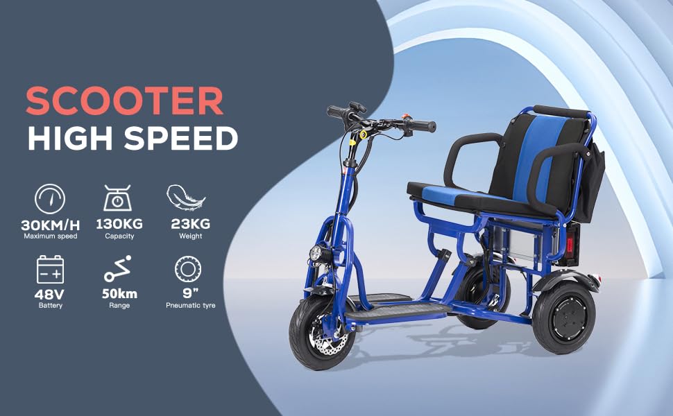 Blue Folding Mobility Scooter, 3 Wheel, Lightweight, Travel