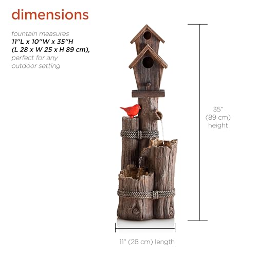 Alpine 3-Tier Log Birdhouse Waterfall Fountain, 35", Brown