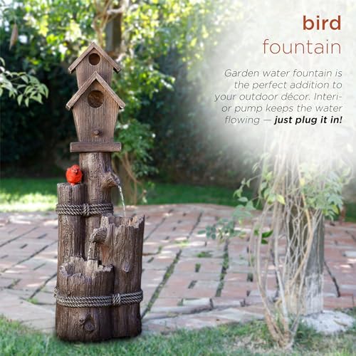 Alpine 3-Tier Log Birdhouse Waterfall Fountain, 35", Brown