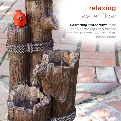 Alpine 3-Tier Log Birdhouse Waterfall Fountain, 35", Brown