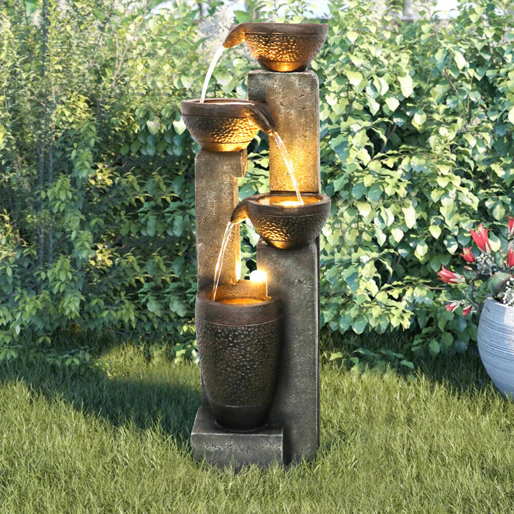 4-tier Resin Waterfall Fountain with LED Light for Garden