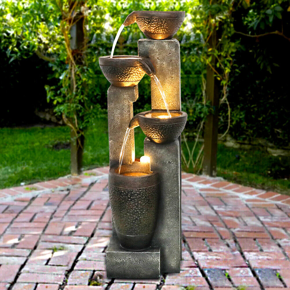 4-tier Resin Waterfall Fountain with LED Light for Garden
