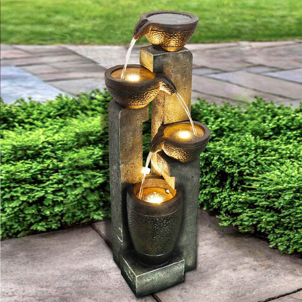 4-tier Resin Waterfall Fountain with LED Light for Garden