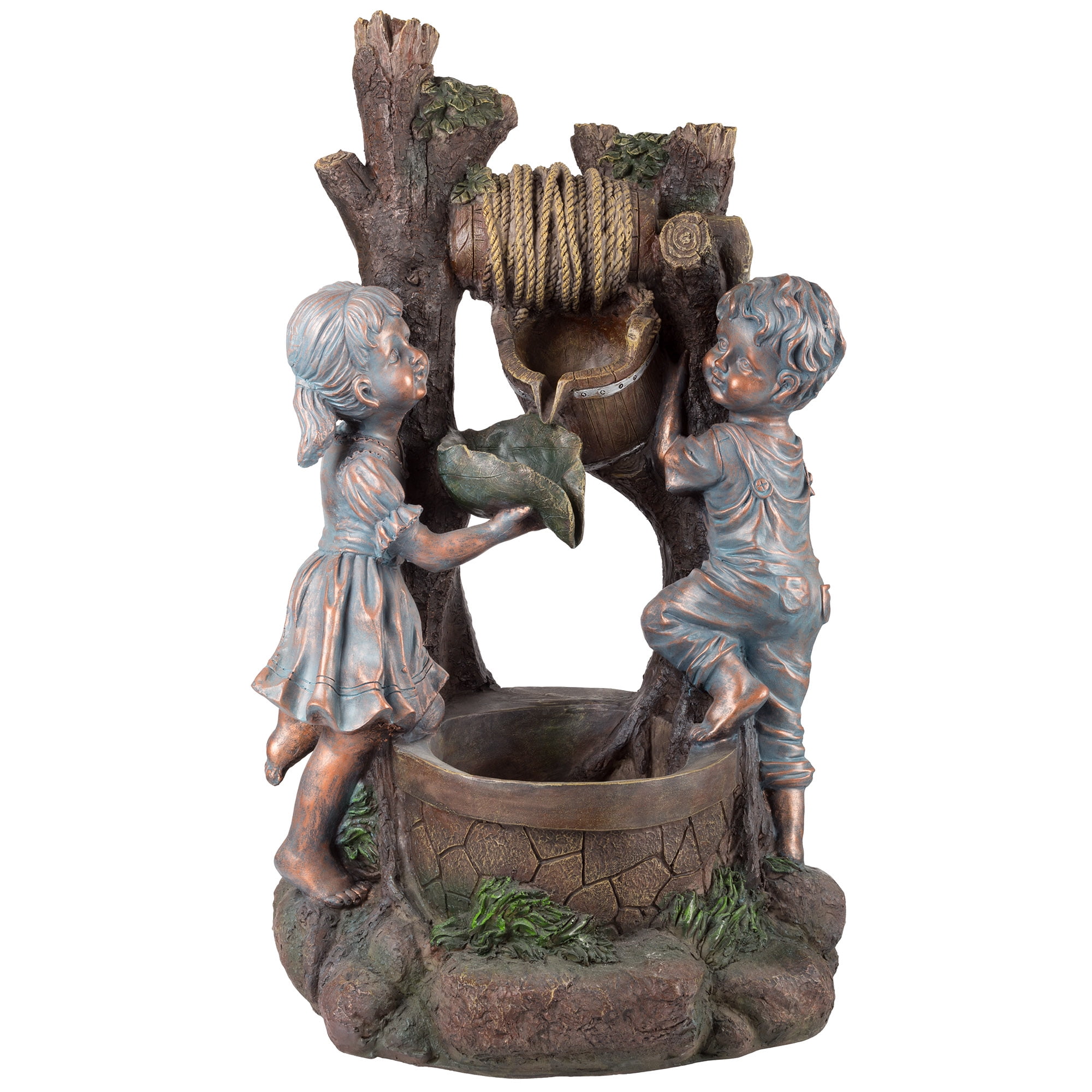 Polyresin Boy and Girl Outdoor Water Fountain - Bronze