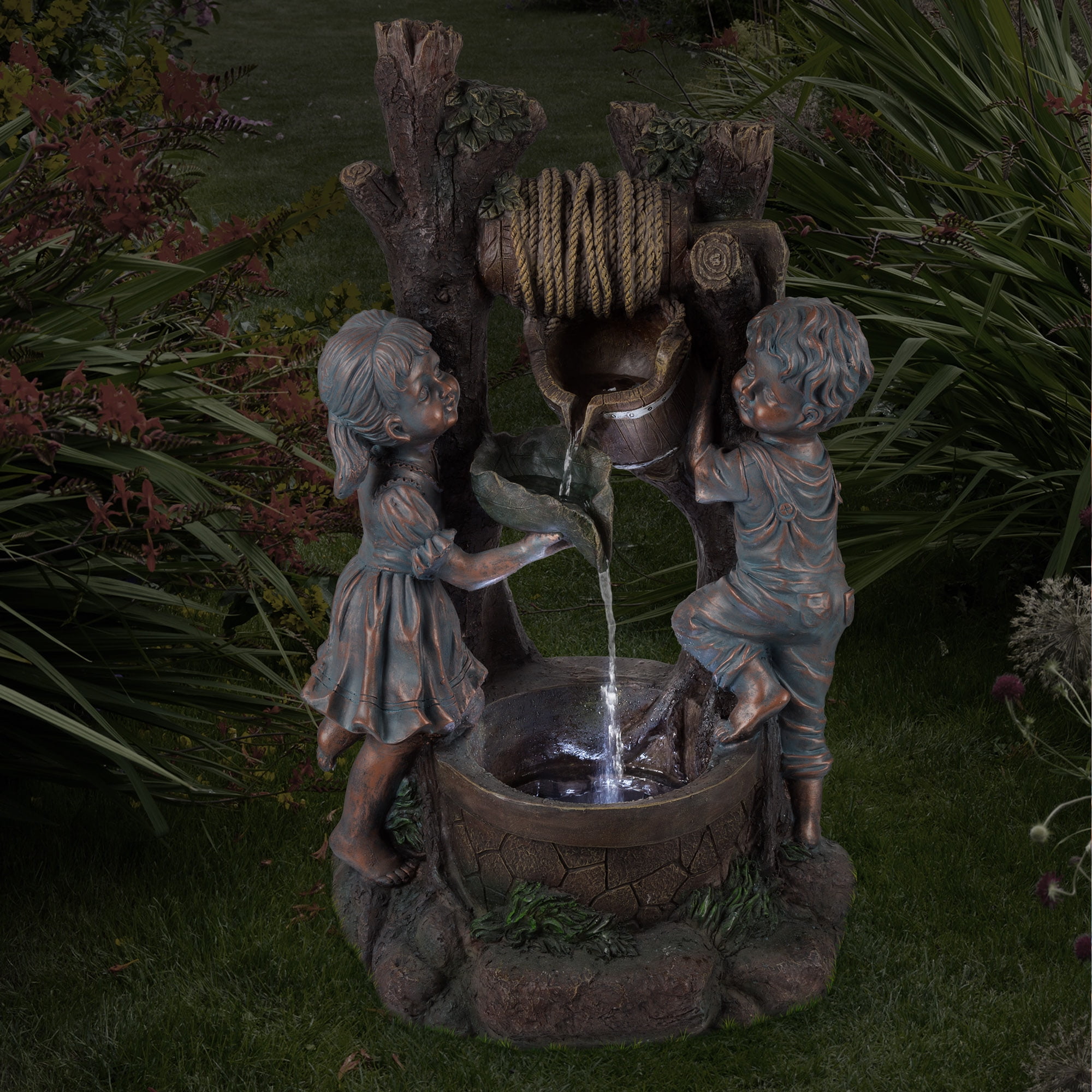 Polyresin Boy and Girl Outdoor Water Fountain - Bronze