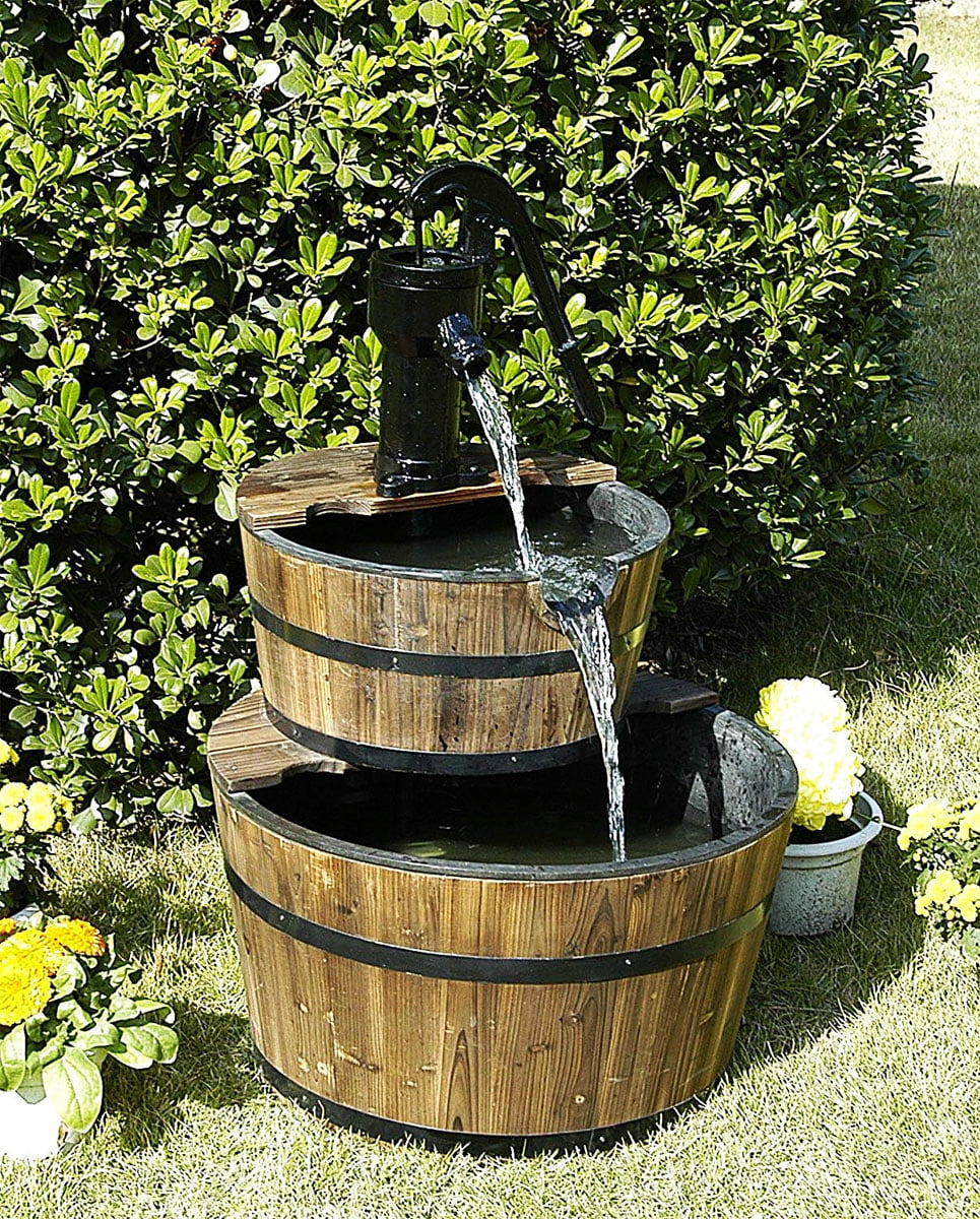 2-Tier Wood Barrel Fountain | 37.5" Tall Garden Fountain