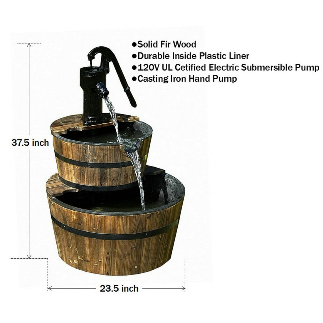 2-Tier Wood Barrel Fountain | 37.5" Tall Garden Fountain