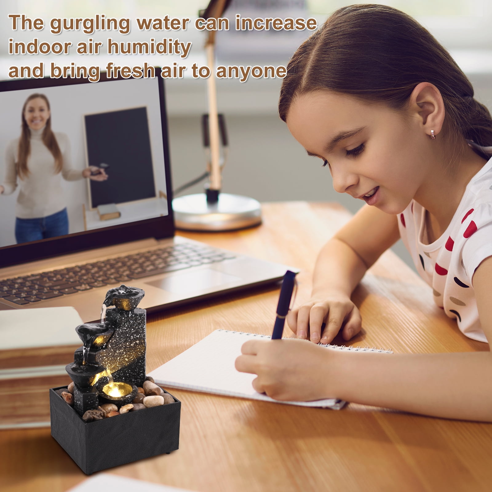 Tabletop Waterfall Fountain with Soft Lights and Ornaments