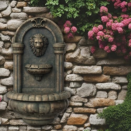32" Royal Lion Head Wall Waterfall Fountain, LED Lights