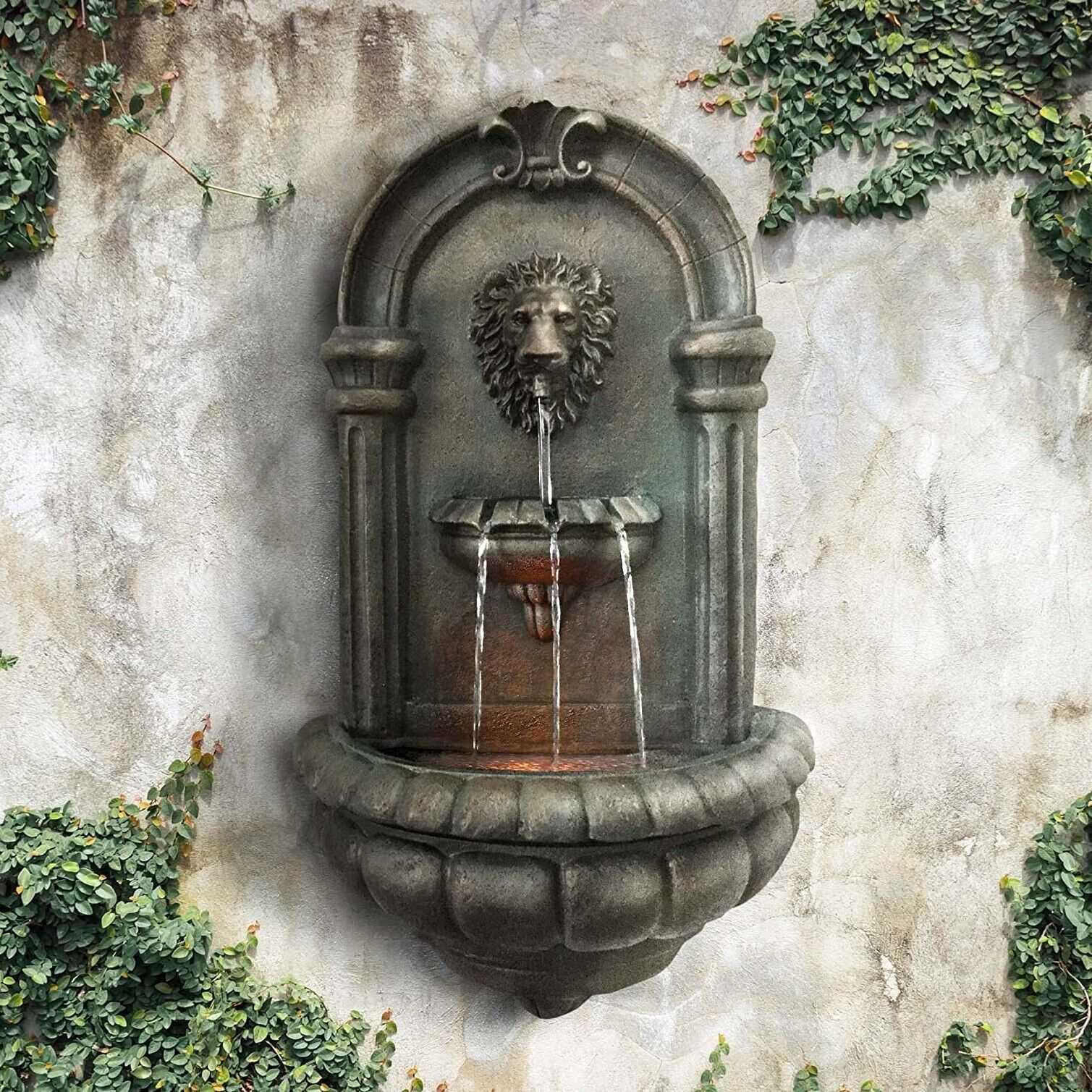 Lion Wall Water Fountain with Lights for Patio