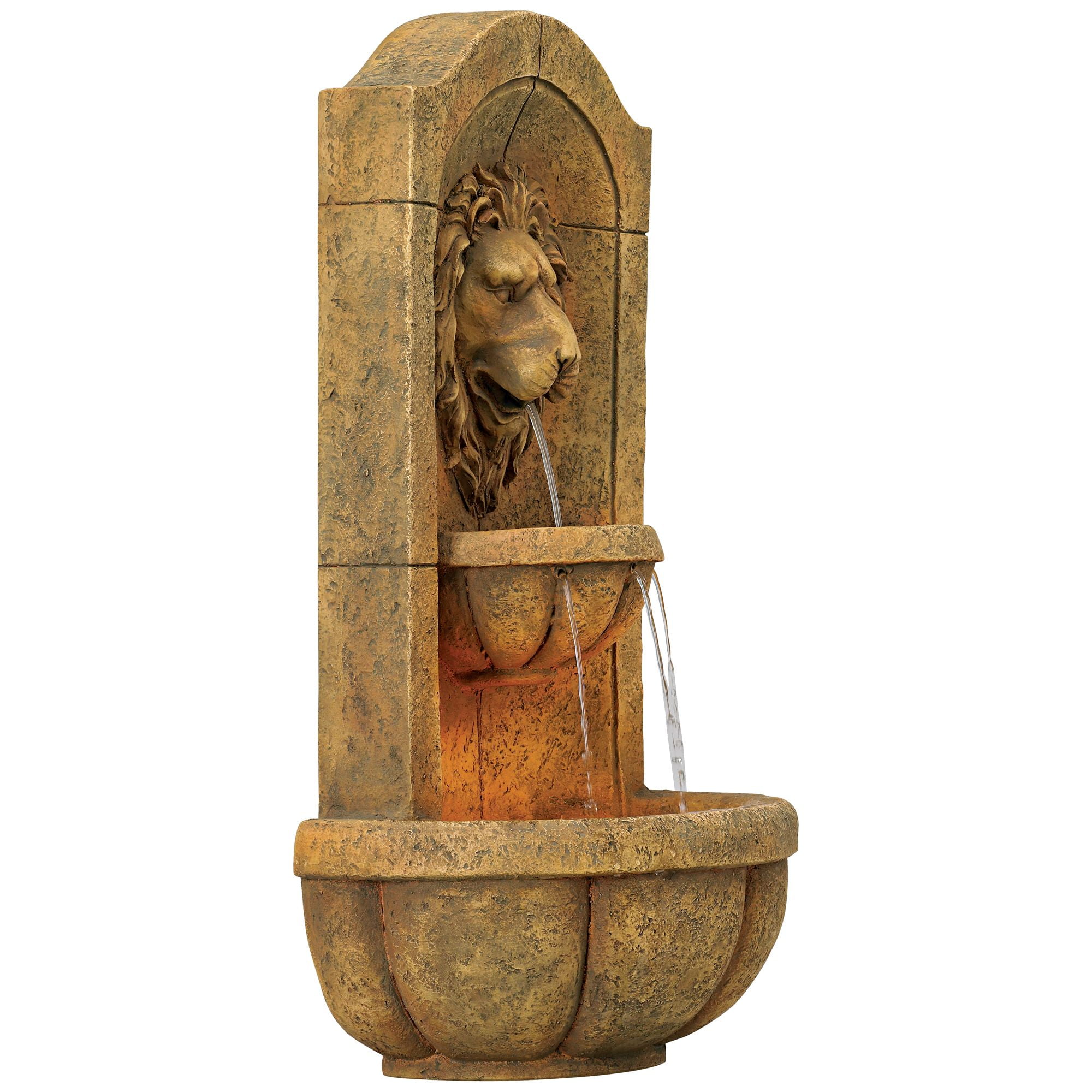 Rustic Lion Head 2-Tier Outdoor Wall Fountain