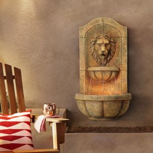 Rustic Lion Head Outdoor Wall Water Fountain LED Light