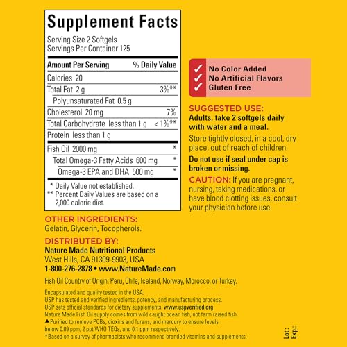 Fish Oil Softgels, Omega 3 Heart Support - 250 Count