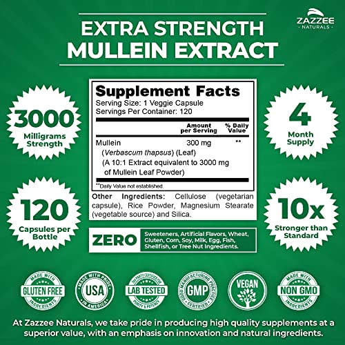 Zazzee Mullein 10X Extract 3000mg, 120 Capsules (4-Month)