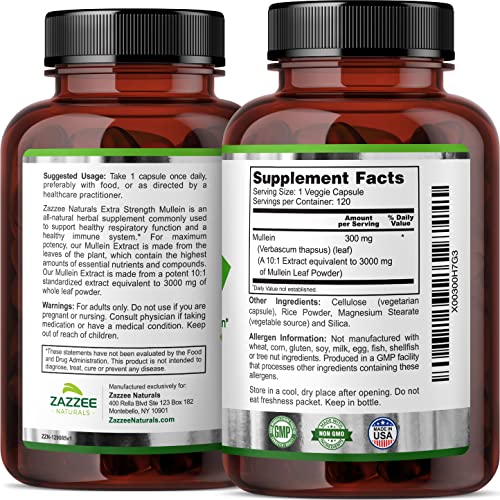 Zazzee Mullein 10X Extract 3000mg, 120 Capsules (4-Month)