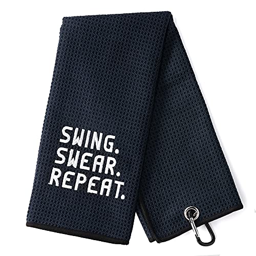 Funny Golf Swing Swear Repeat Black Microfiber Towel