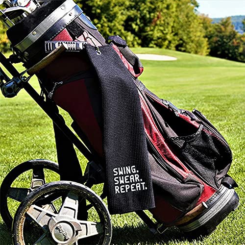 Funny Golf Swing Swear Repeat Black Microfiber Towel