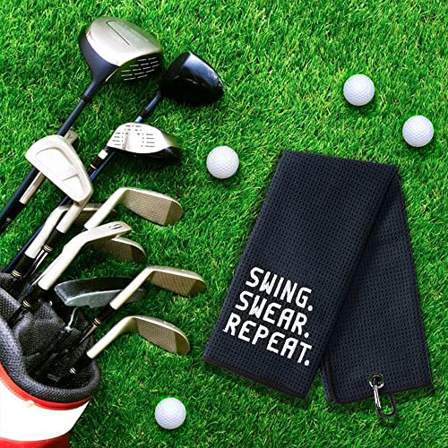 Funny Golf Swing Swear Repeat Black Microfiber Towel