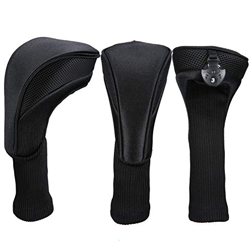 Black Set of 3 Golf Headcovers with Interchangeable Tags
