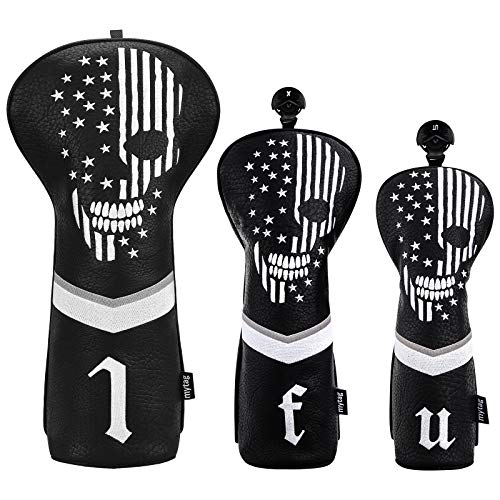 Black Leather Golf Club Headcovers Set with Skeleton Design