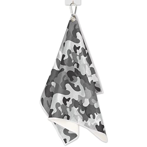 Grey Black Camo Golf Towel, Absorbent Microfiber, Clip