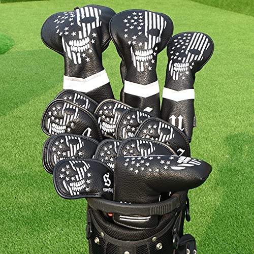 Black Leather Golf Club Headcovers Set with Skeleton Design