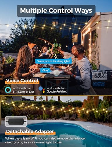 Smart Outdoor String Lights, 100Ft, Warm White, WiFi