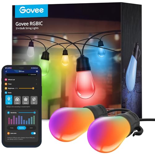 Govee Outdoor String Lights with 15 Dimmable RGBIC LED Bulbs