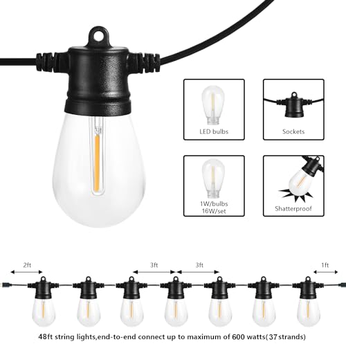 SUNTHIN Outdoor Patio String Lights, 48FT, 16 LED