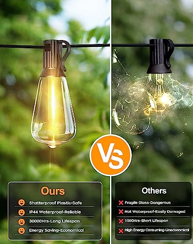 PARTPHONER LED Outdoor String Lights, 60FT with Vintage Bulbs