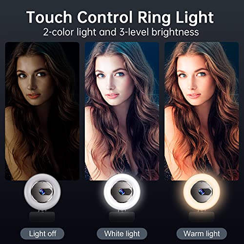 GUSGU Quad HD Webcam with Microphone, Privacy Cover & Ring Light