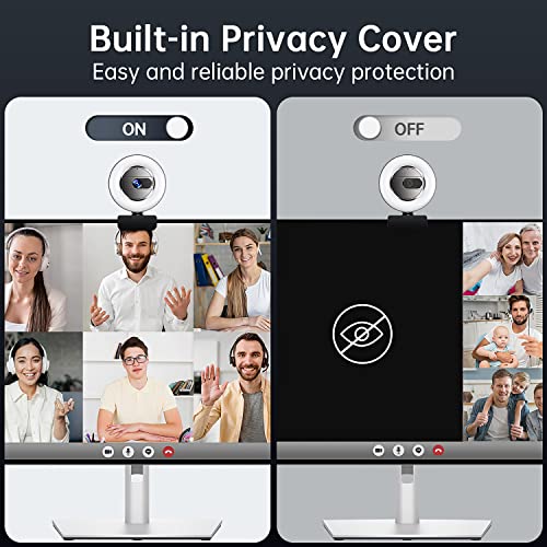 GUSGU Quad HD Webcam with Microphone, Privacy Cover & Ring Light