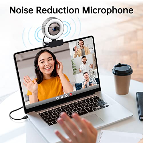 GUSGU Quad HD Webcam with Microphone, Privacy Cover & Ring Light