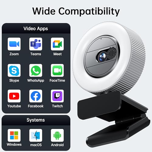 GUSGU Quad HD Webcam with Microphone, Privacy Cover & Ring Light