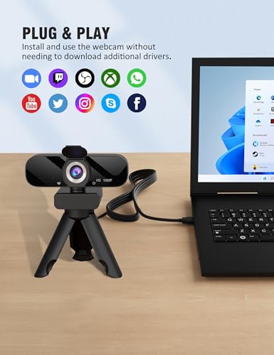 1080P HD Webcam with Microphone and Rotatable Tripod
