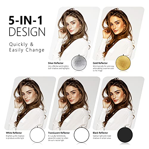 NEEWER 43 Inch/110 Centimeter Light Reflector Diffuser 5 in 1 Collapsible Multi Disc with Bag - Translucent, Silver, Gold, White, and Black for Studio Photography Lighting Outdoor