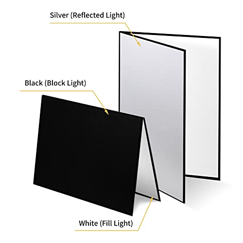 Meking 3 in 1 Photography Reflector Cardboard, 17 x 12 inches Folding Light Diffuser Board for Still Life, Product and Food Photo Shooting - Black, Silver and White, 2 Packs